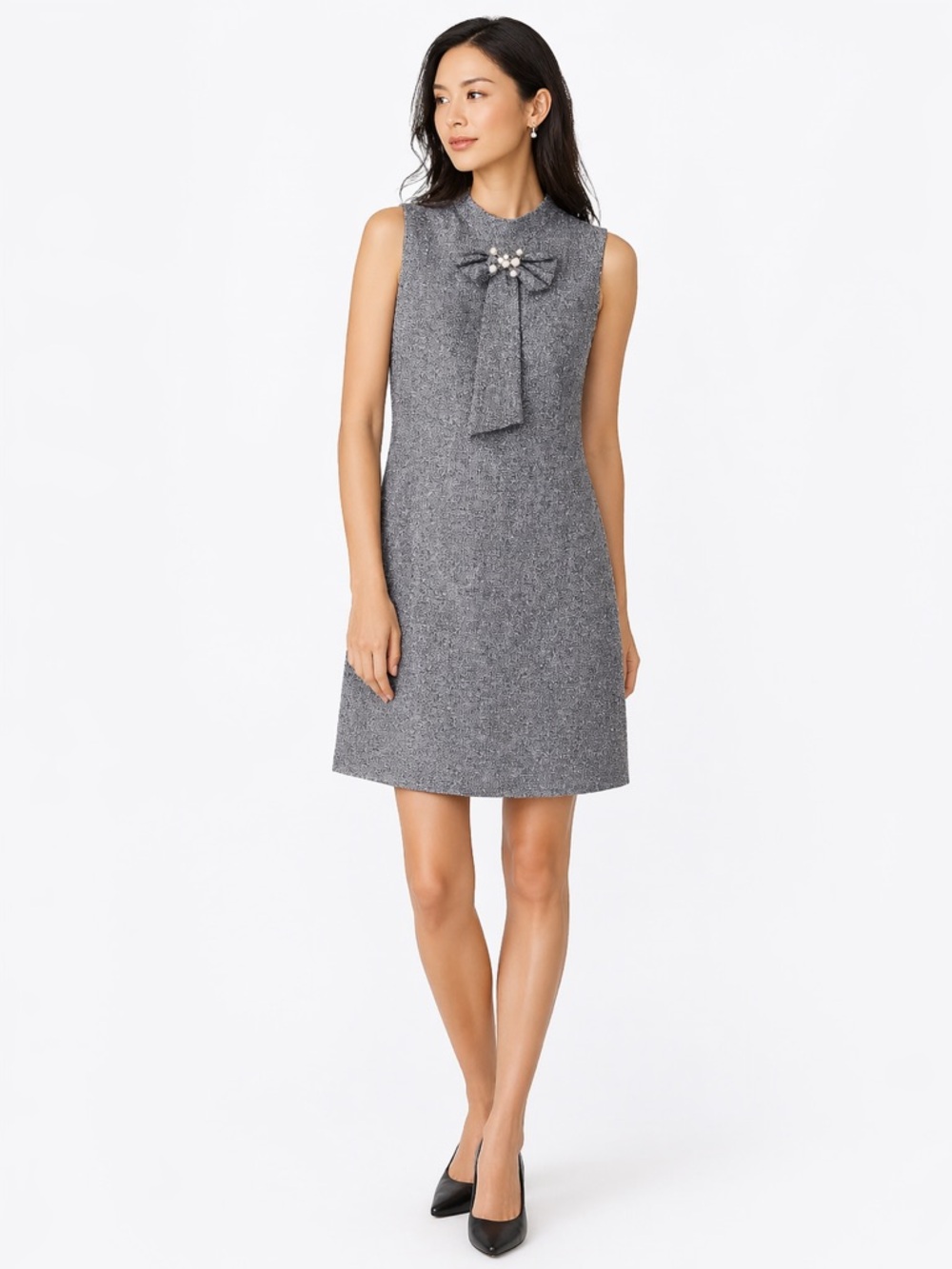 Gray Sleevless Mini Shift Dress Bow Pearl Detail Minimalist Preppy Workwear XS-S